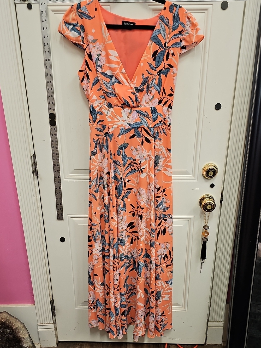 bebe Coral & Navy Floral Wrap Maxi Dress